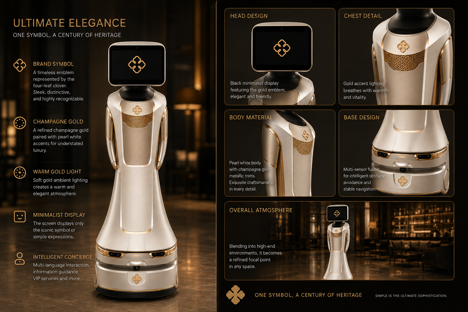 Camus branded reception robot in champagne gold